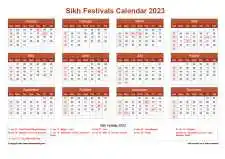 Calendar Horizintal Grid Sun Sat Sikh Holiday A4 Landscape Earth 2023