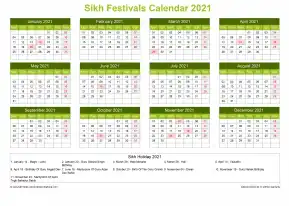 Calendar Horizintal Grid Sun Sat Sikh Holiday A4 Landscape Natural 2021