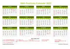 Calendar Horizintal Grid Sun Sat Sikh Holiday A4 Landscape Natural 2023