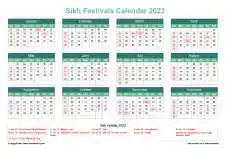 Calendar Horizintal Grid Sun Sat Sikh Holiday A4 Landscape Watery Blue 2023