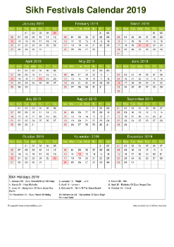 Calendar Horizintal Grid Sun Sat Sikh Holiday A4 Natural 2019