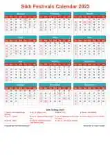 Calendar Horizintal Grid Sun Sat Sikh Holiday A4 Portrait Cheerful Bright 2023