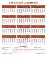 Calendar Horizintal Grid Sun Sat Sikh Holiday A4 Portrait Earth 2023