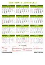 Calendar Horizintal Grid Sun Sat Sikh Holiday A4 Portrait Natural 2023