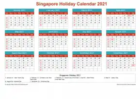Calendar Horizintal Grid Sun Sat Singapore Holiday Cheerful Bright Landscape 2021