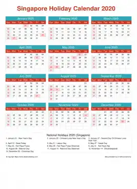 Calendar Horizintal Grid Sun Sat Singapore Holiday Cheerful Bright Portrait 2020