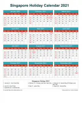 Calendar Horizintal Grid Sun Sat Singapore Holiday Cheerful Bright Portrait 2021