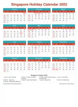 Calendar Horizintal Grid Sun Sat Singapore Holiday Cheerful Bright Portrait 2022