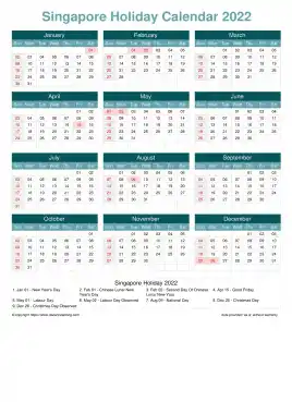 Calendar Horizintal Grid Sun Sat Singapore Holiday Cool Blue Portrait 2022