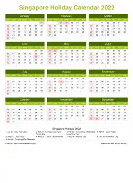 Calendar Horizintal Grid Sun Sat Singapore Holiday Natural Portrait 2022