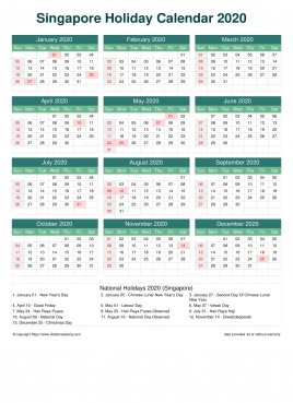 Calendar Horizintal Grid Sun Sat Singapore Holiday Watery Blue Portrait 2020