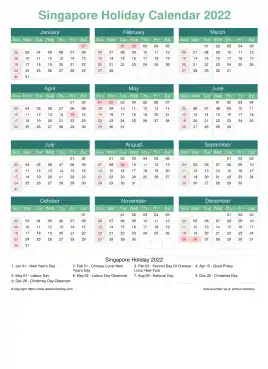 Calendar Horizintal Grid Sun Sat Singapore Holiday Watery Blue Portrait 2022