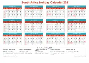 Calendar Horizintal Grid Sun Sat South Africa Holiday Cheerful Bright Landscape 2021