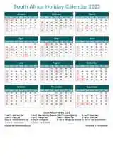 Calendar Horizintal Grid Sun Sat South Africa Holiday Cool Blue Portrait 2023