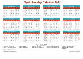 Calendar Horizintal Grid Sun Sat Spain Holiday Cheerful Bright Landscape 2021
