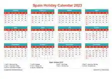 Calendar Horizintal Grid Sun Sat Spain Holiday Cheerful Bright Landscape 2023