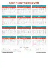 Calendar Horizintal Grid Sun Sat Spain Holiday Cheerful Bright Portrait 2023