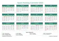 Calendar Horizintal Grid Sun Sat Spain Holiday Watery Blue Landscape 2023
