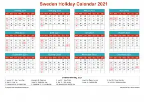 Calendar Horizintal Grid Sun Sat Sweden Holiday Cheerful Bright Landscape 2021