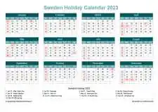 Calendar Horizintal Grid Sun Sat Sweden Holiday Cool Blue Landscape 2023