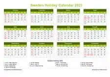 Calendar Horizintal Grid Sun Sat Sweden Holiday Natural Landscape 2023