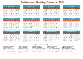 Calendar Horizintal Grid Sun Sat Switzerland Holiday Cheerful Bright Landscape 2021