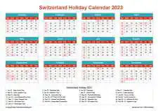 Calendar Horizintal Grid Sun Sat Switzerland Holiday Cheerful Bright Landscape 2023
