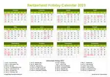 Calendar Horizintal Grid Sun Sat Switzerland Holiday Natural Landscape 2023