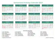 Calendar Horizintal Grid Sun Sat Switzerland Holiday Watery Blue Landscape 2023
