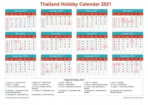 Calendar Horizintal Grid Sun Sat Thailand Holiday Cheerful Bright Landscape 2021