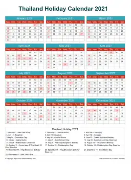 Calendar Horizintal Grid Sun Sat Thailand Holiday Cheerful Bright Portrait 2021