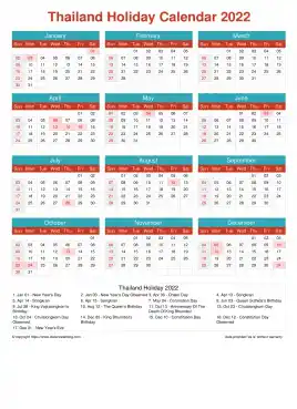 Calendar Horizintal Grid Sun Sat Thailand Holiday Cheerful Bright Portrait 2022