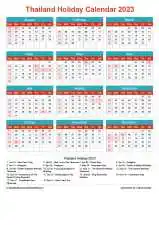 Calendar Horizintal Grid Sun Sat Thailand Holiday Cheerful Bright Portrait 2023