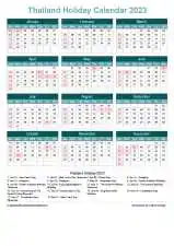 Calendar Horizintal Grid Sun Sat Thailand Holiday Cool Blue Portrait 2023