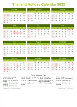 Calendar Horizintal Grid Sun Sat Thailand Holiday Natural Portrait 2022