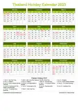 Calendar Horizintal Grid Sun Sat Thailand Holiday Natural Portrait 2023