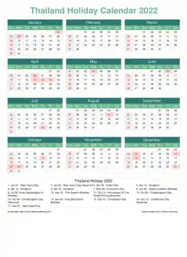 Calendar Horizintal Grid Sun Sat Thailand Holiday Watery Blue Portrait 2022