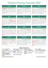 Calendar Horizintal Grid Sun Sat Thailand Holiday Watery Blue Portrait 2023