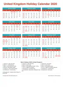 Calendar Horizintal Grid Sun Sat Uk Holiday Cheerful Bright Portrait 2020