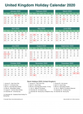 Calendar Horizintal Grid Sun Sat Uk Holiday Watery Blue Portrait 2020