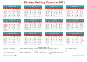 Calendar Horizintal Grid Sun Sat Ukraine Holiday Cheerful Bright Landscape 2021