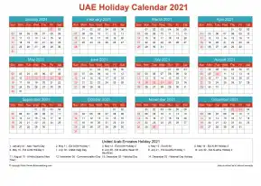 Calendar Horizintal Grid Sun Sat United Arab Emirates Holiday Cheerful Bright Landscape 2021