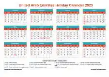 Calendar Horizintal Grid Sun Sat United Arab Emirates Holiday Cheerful Bright Landscape 2023