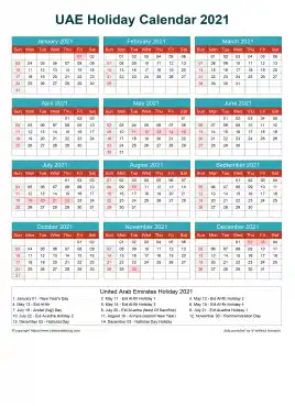 Calendar Horizintal Grid Sun Sat United Arab Emirates Holiday Cheerful Bright Portrait 2021