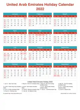 Calendar Horizintal Grid Sun Sat United Arab Emirates Holiday Cheerful Bright Portrait 2022