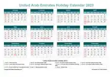 Calendar Horizintal Grid Sun Sat United Arab Emirates Holiday Cool Blue Landscape 2023