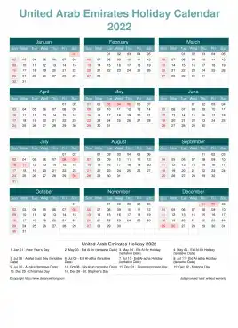 Calendar Horizintal Grid Sun Sat United Arab Emirates Holiday Cool Blue Portrait 2022