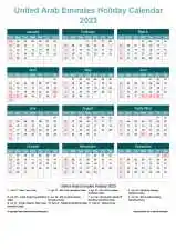 Calendar Horizintal Grid Sun Sat United Arab Emirates Holiday Cool Blue Portrait 2023