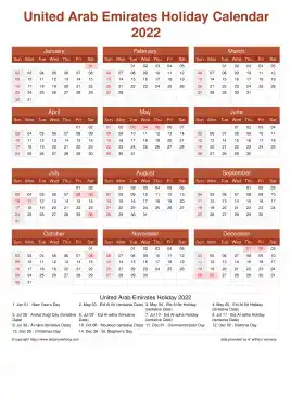 Calendar Horizintal Grid Sun Sat United Arab Emirates Holiday Earth Portrait 2022