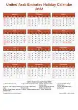 Calendar Horizintal Grid Sun Sat United Arab Emirates Holiday Earth Portrait 2023